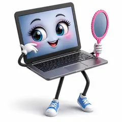 Personagem 3D: notebook com rosto e bracinhos