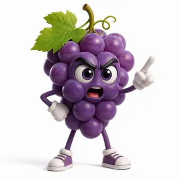 Personagem 3D: cacho de uvas com rosto e bracinhos