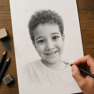Mão desenhando o meu retrato a lápis