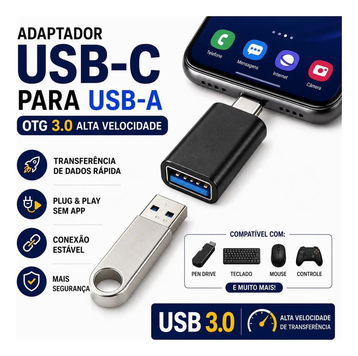 Adaptador OTG USB para Tipo C Fêmea com USB Tipo C Macho para Celular — Acessórios para Celulares