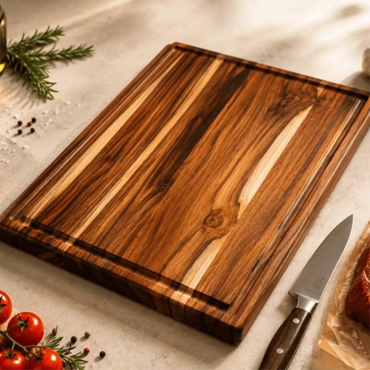 Tábua Corte Madeira Teca 51cm Premium Gourmet Dupla Face Lisa Com Sulco Madeira Teca — Utensílios úteis