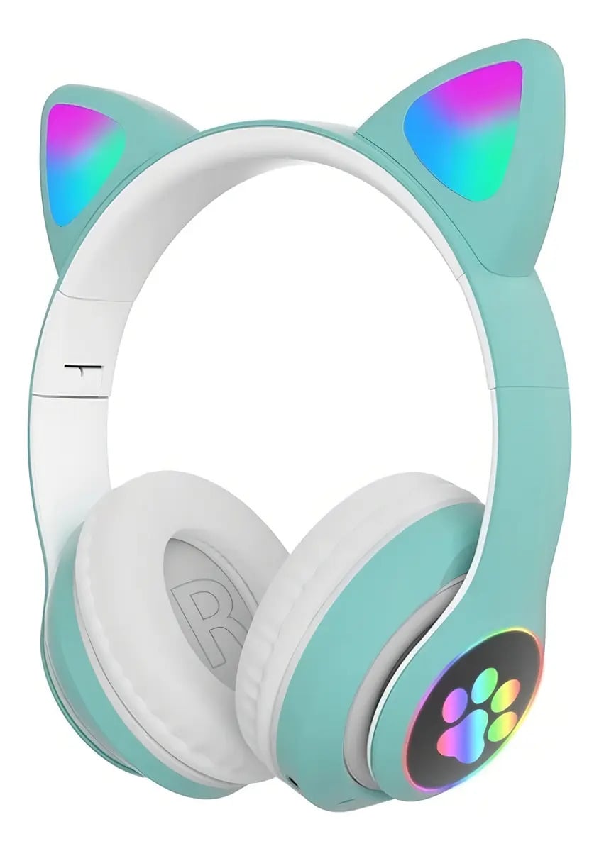 Fone De Ouvido Bluetooth Led Orelha Gato Iuz Headphone Cor Verde-claro — Áudio