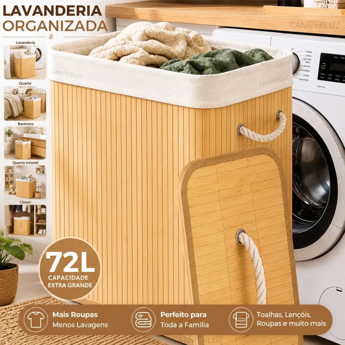 Cesto Organizador De Roupa Bambu Dobrável Retangular Com Tampa Forro e Alças 72 Litros Grande Capacidade Reforçado Caixa Organizadora para Brinquedos - Marca Ma — Banheiros