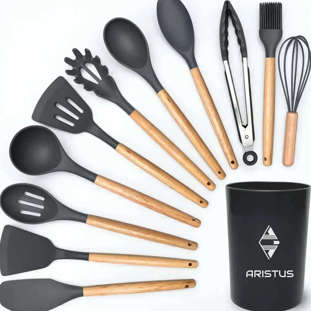 Kit 12 Utensílios De Silicone Com Cabo De Madeira - Marca Aristus Com Alta Resistência, Durável E Com Design Moderno, Perfeito Para Sua Cozinha Cor Cinza — Cozinha