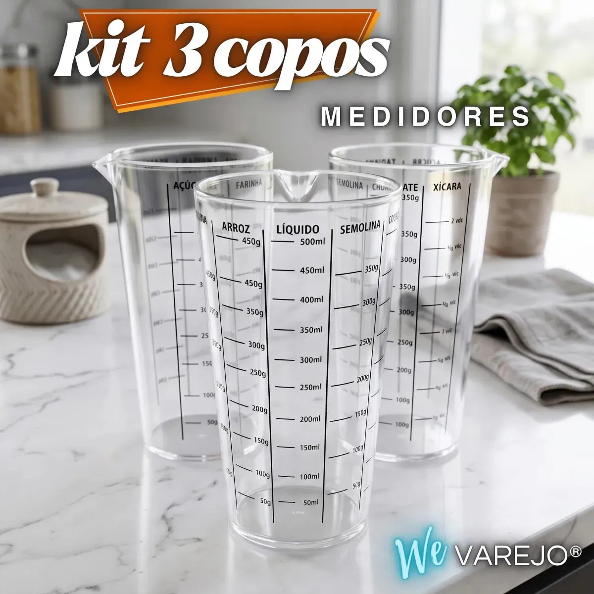 Kit 3 Copos Medidores We Varejo Copo Para Medidas Cúlinarias 500ml Plástico Abs Bpa Livre Medir E Dosar Ingredientes Receitas — Cozinha