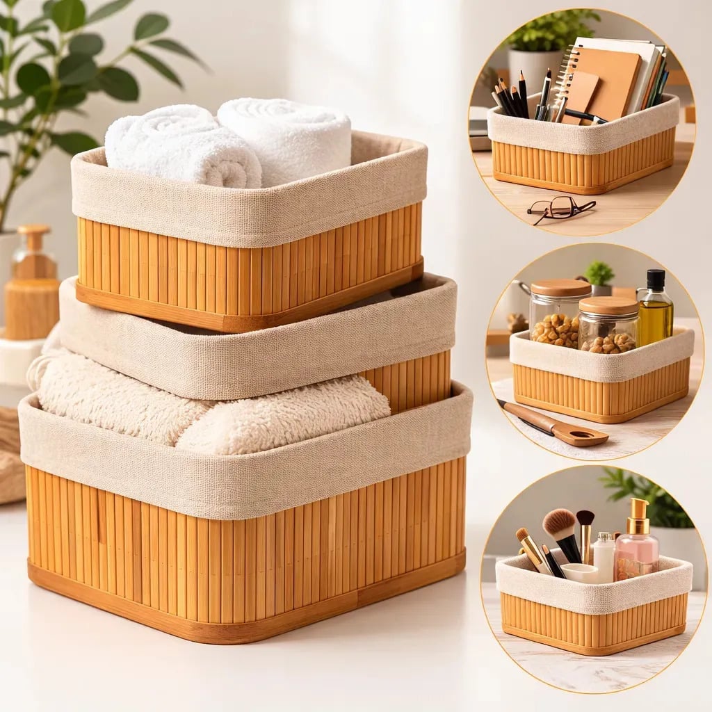 Kit 3 Cestos Organizadores de Bambu Retangulares com Forro Lavável Multiuso Organizar Casa Banheiro Cozinha Guarda-Roupa Lavanderia Armazenamento de Objetos - N — Enfeites e Decoração da Casa
