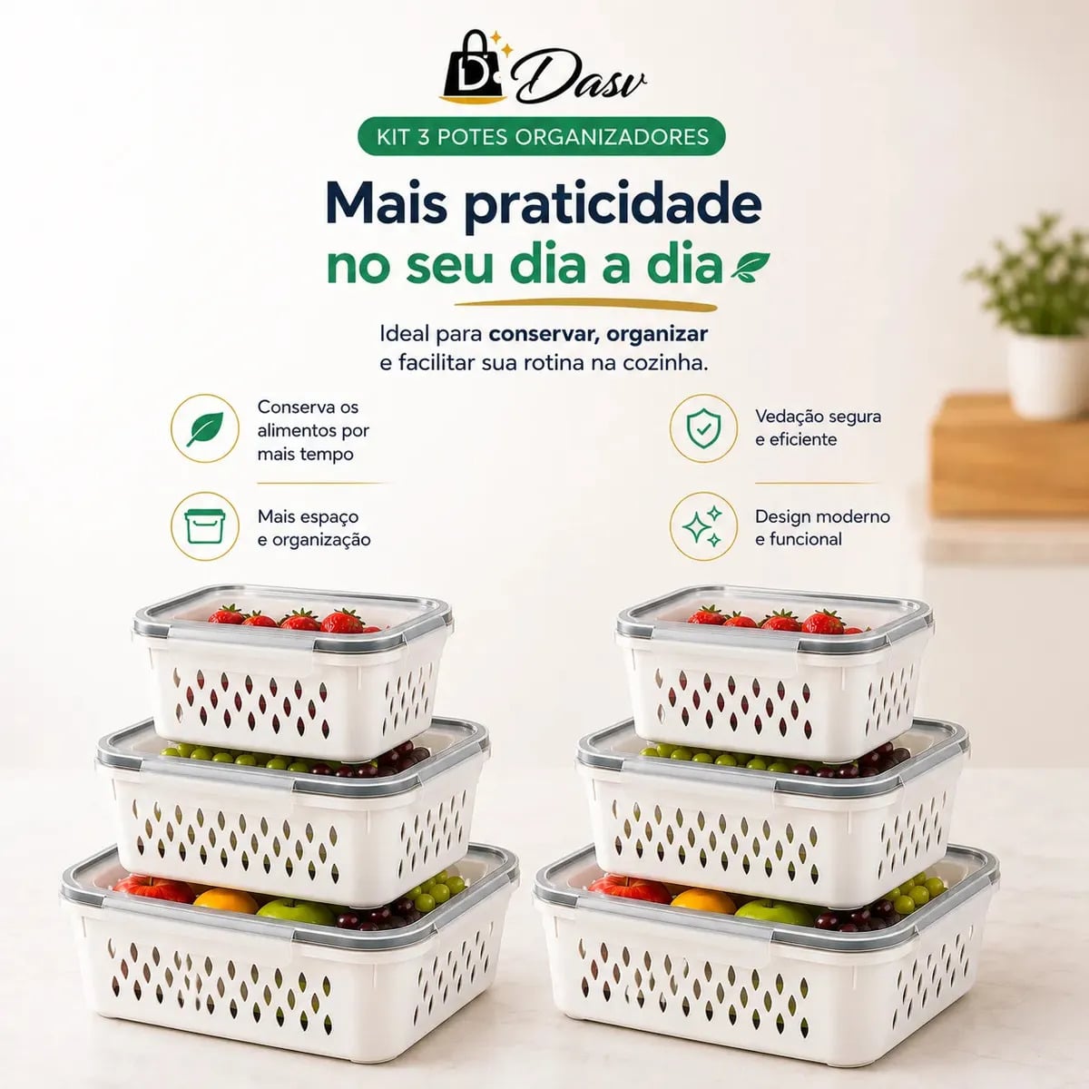 Conjunto Kit 6 Organizadores Geladeira Transparente Hermético Escorredor Cesto Frutas Alimentos Verduras Legumes Dasv — Utensílios úteis
