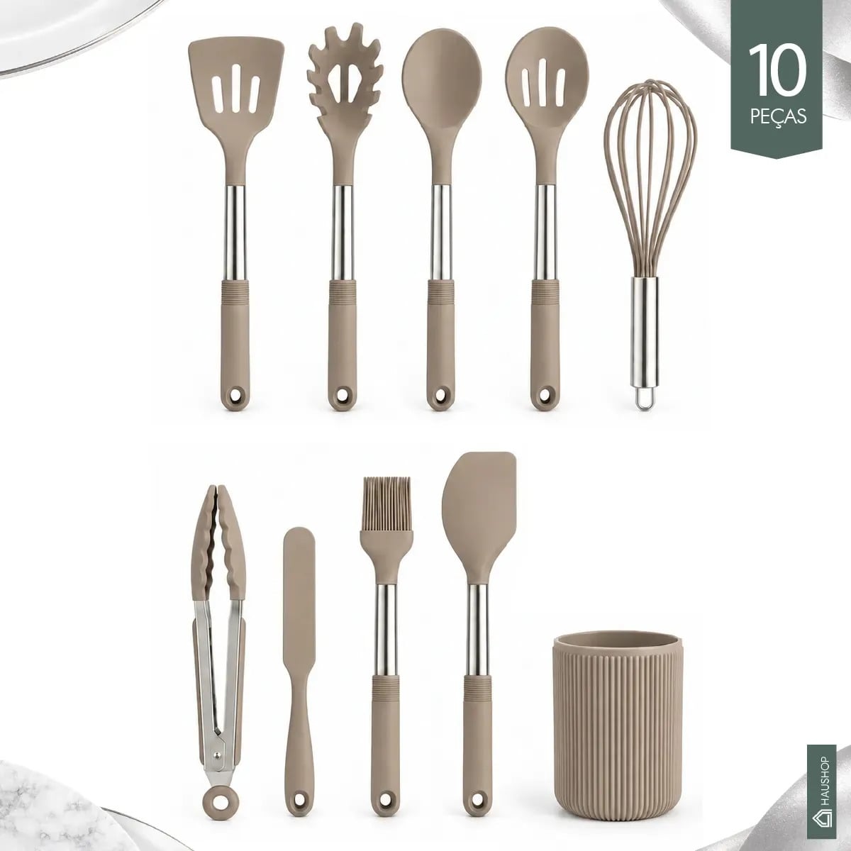 Kit Utensílios 10 Peças Cozinha Silicone Cabo Inox Tamanho Grande Jogo Completo Premium de Colheres Espatúlas Pegador Conjunto Funcional Com Suporte Resistente — Utensílios úteis
