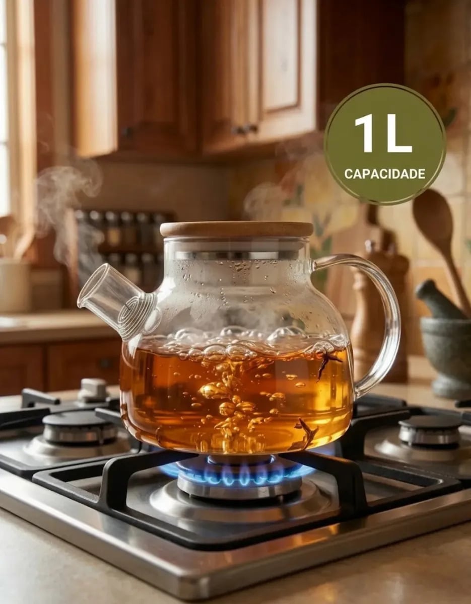 Bule Chaleira 1L Vidro Com Infusor E Tampa Bambu Chá Alça Café PÍTIA — Cozinha