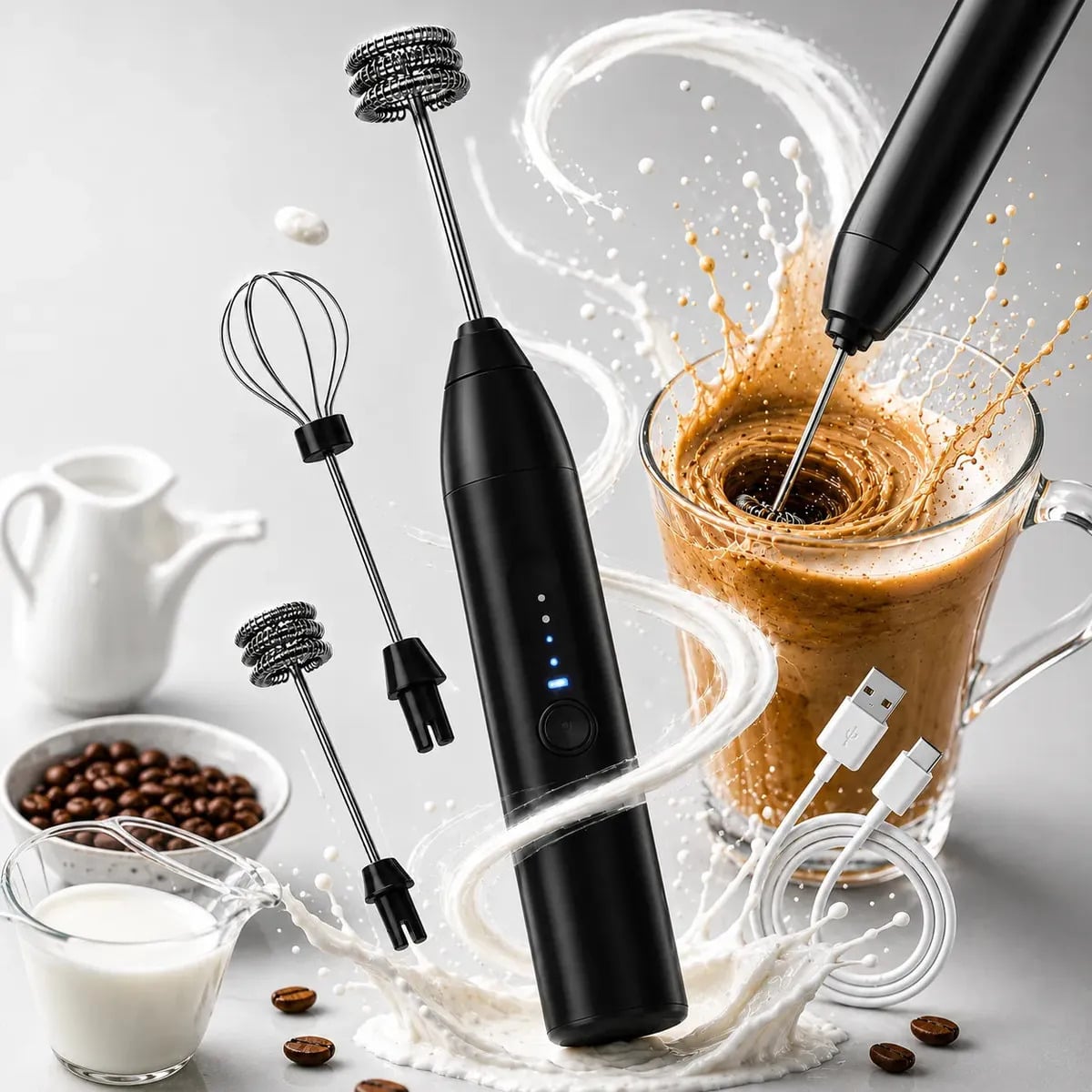 Mini Mixer Elétrico Misturador De Bebidas 2 Em 1 Portátil Fue Recarregável Mexedor De Ovos Whey Leite Café Espuma Shake Drinks Capuccino E Várias Bebidas Homero — Cozinha