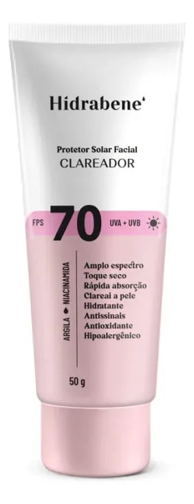 Hidrabene Protetor facial Solar FPS 70 Toque Seco Antissinais Clareia a pele 50g — Cuidados com a Pele