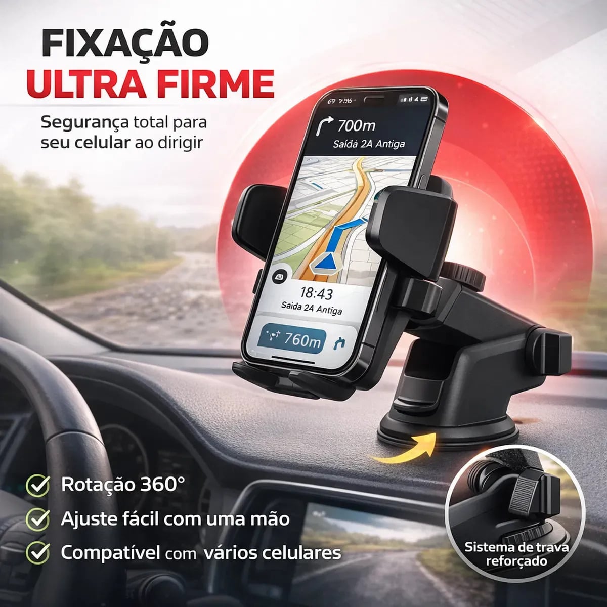Suporte de Celular Veicular Automotivo 360º Universal Ajustável com Ventosa Gruda no Painel Vidro Parabrisa para GPS Encaixe Giratório Articulado com Trava Auto — Acessórios para Celulares