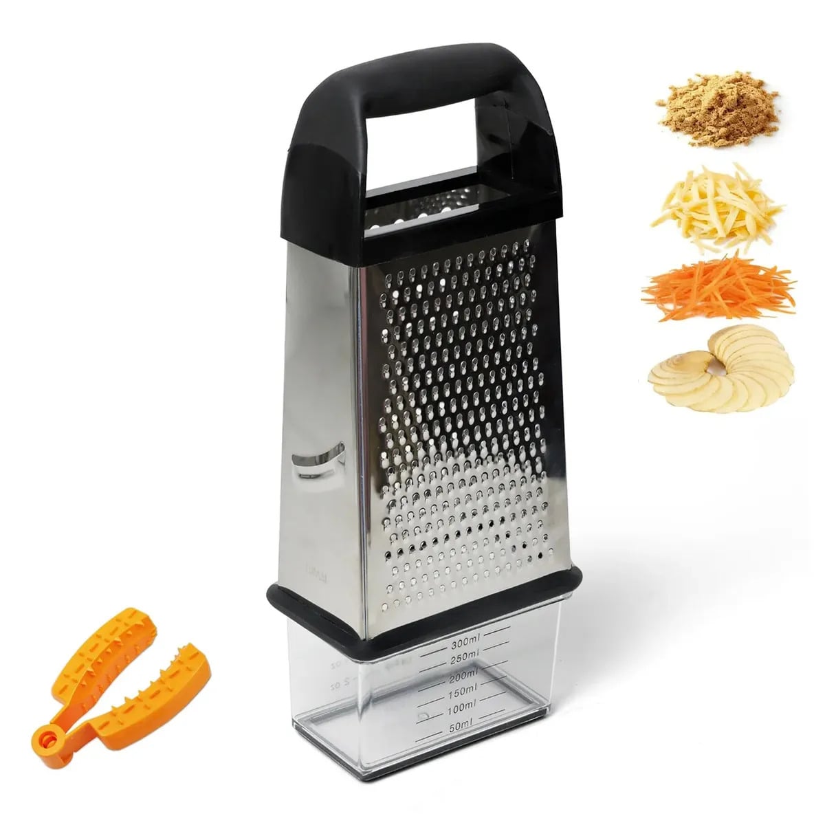 LUMAI Ralador de Queijo e Legumes Fatiador 4 em 1 Aço Inox Premium com Cesto Removível Base Antiderrapante com Protetor de Dedos — Utensílios úteis
