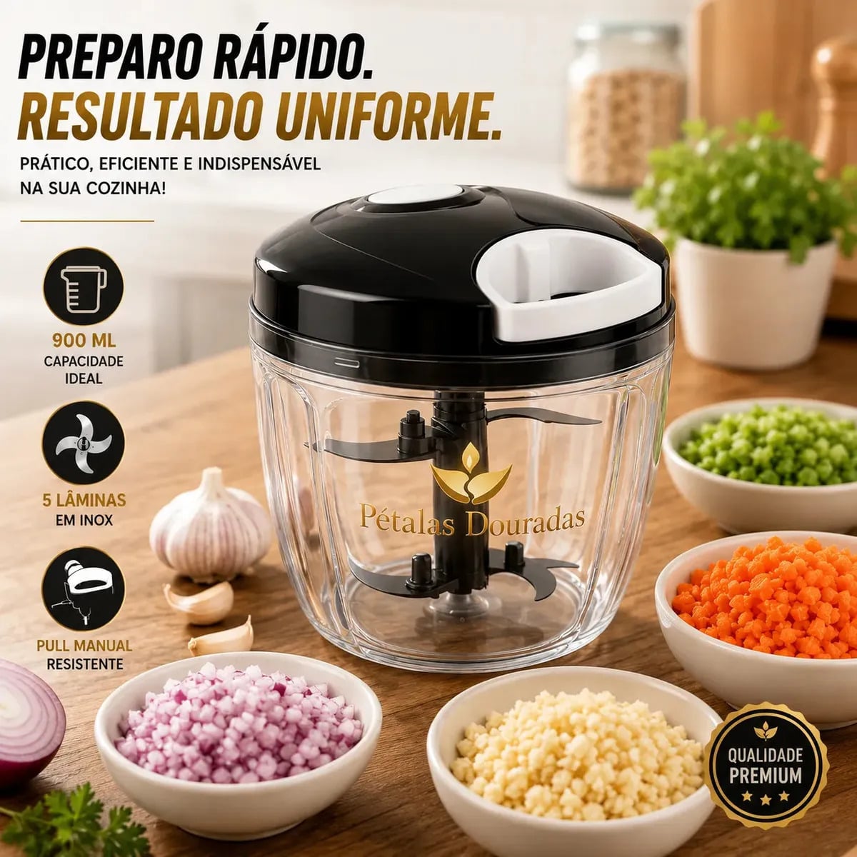 Triturador de Alimentos Manual 900ml com 5 Lâminas Inox – Picador de Cebola Alho Legumes e Temperos Pétalas Douradas Fatiador Cortador — Utensílios úteis