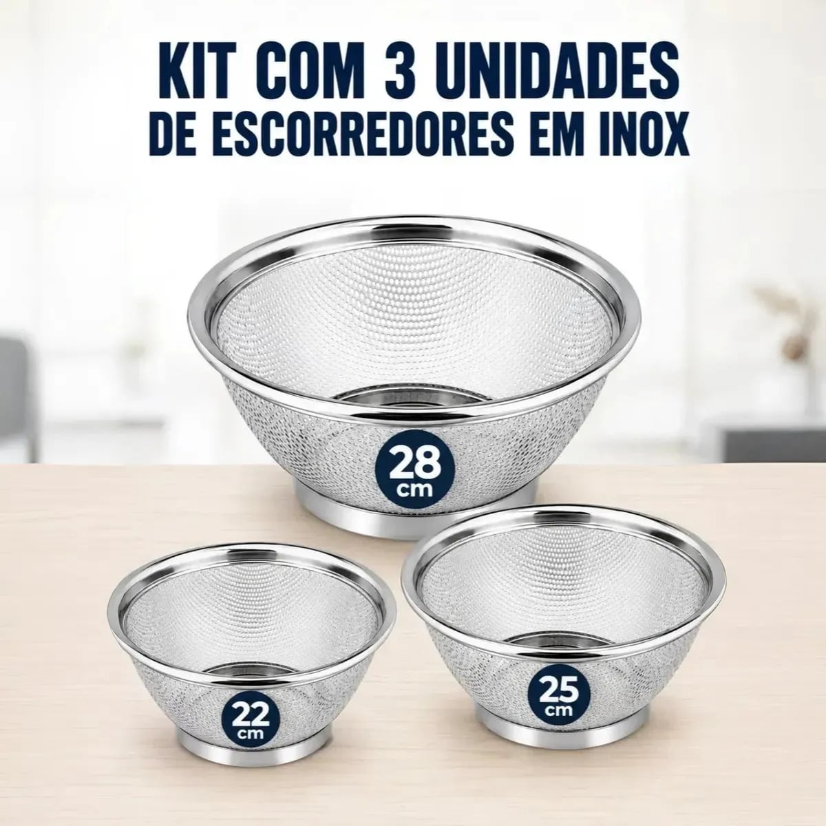 Kit C/ 3 Unidades Escorredor de Alimentos Arroz Macarrao Massa Peneira Inox Cozinha 22/25/28cm Boa Dica — Utensílios úteis