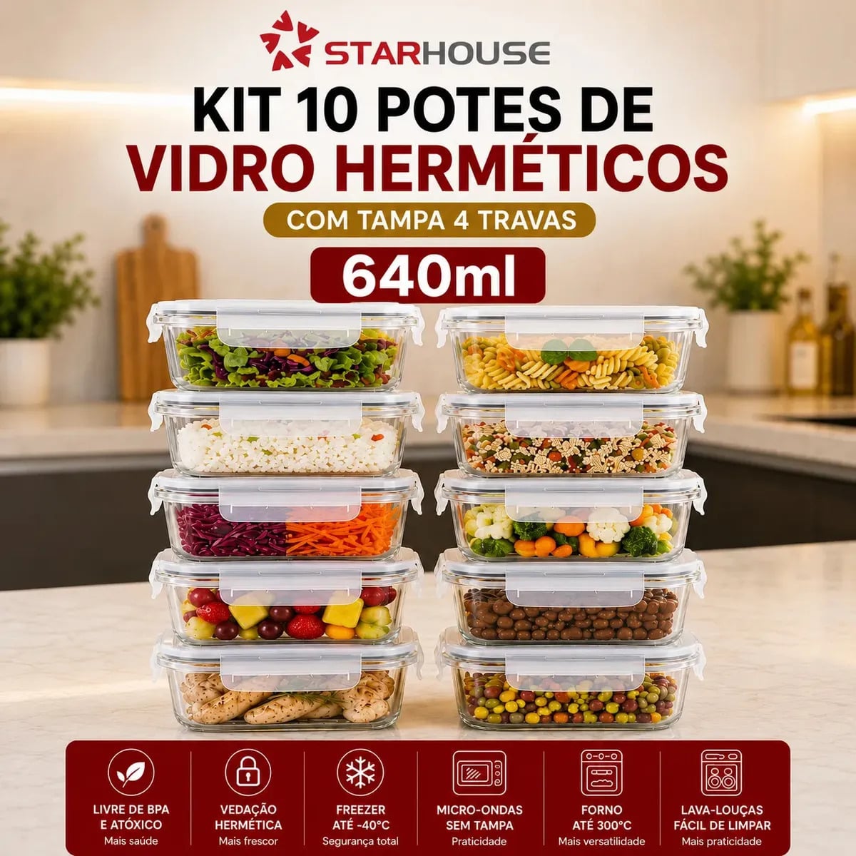 Kit 10 Potes Herméticos Vidro 640ml Starhouse Marmita Forno Micro-ondas Airfryer com 4 travas de super vedação — Cozinha