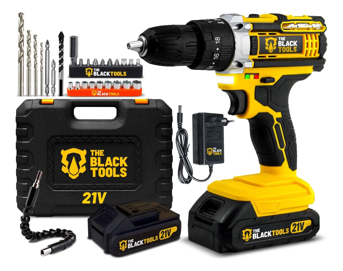 Furadeira Parafusadeira De Impacto 21v Com 2 Baterias Velocidade Ajustável 3/8 10mm Maleta E Acessorios Profissional The Black Tools — Ferramentas Elétricas