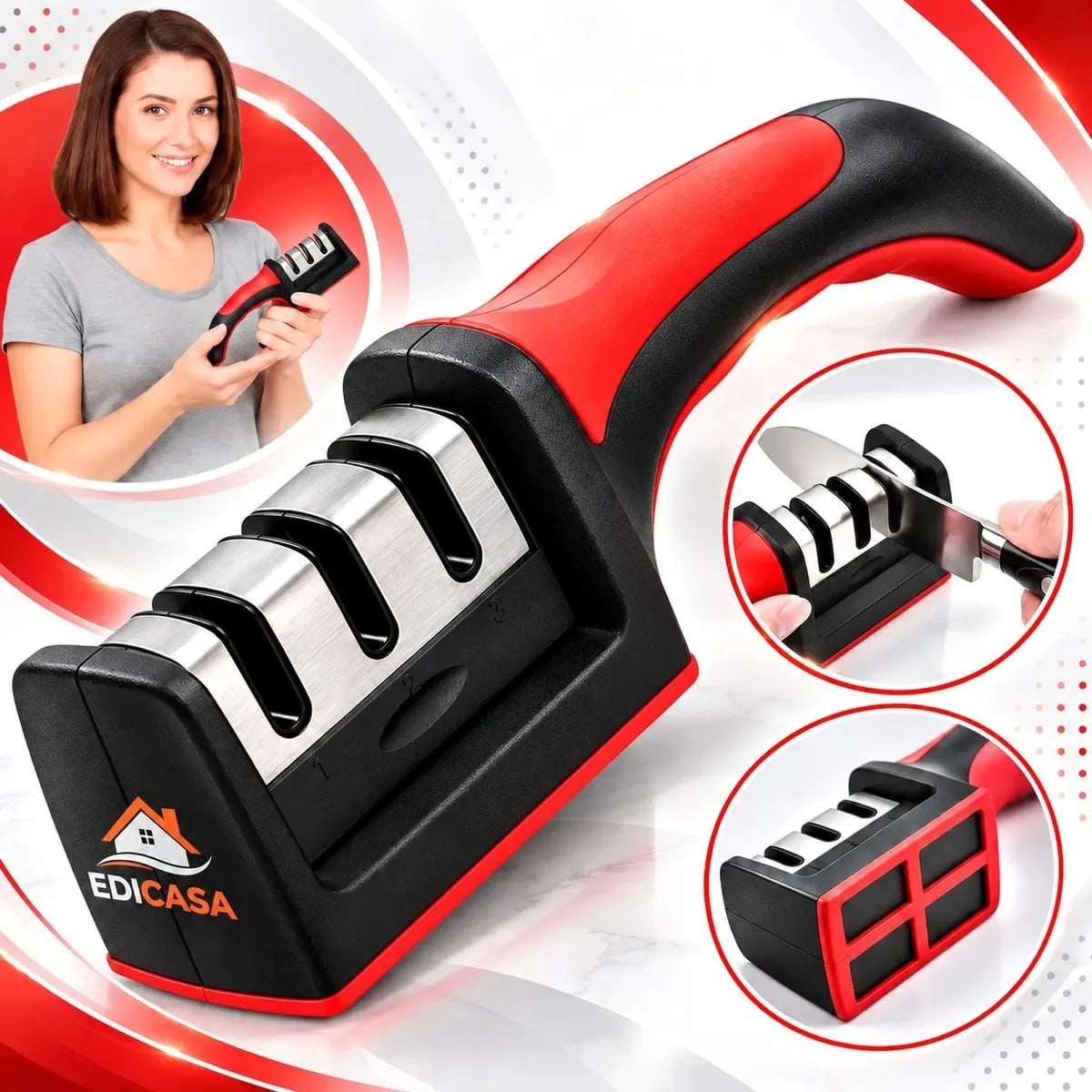 Afiador Amolador De Facas Tesouras Profissional 3 Em 1 Pedra De Afiar Amolar Inox Portátil Preto/vermelho — Utensílios úteis