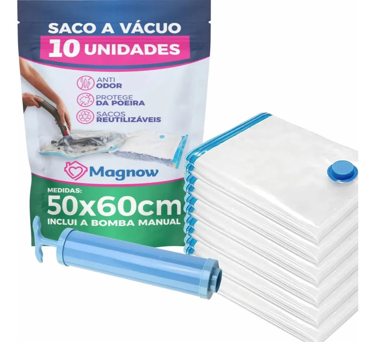 Kit 10 Sacos A Vácuo Magnow 50x60Cm Com Bomba Manual Incluso — Organização para Casa
