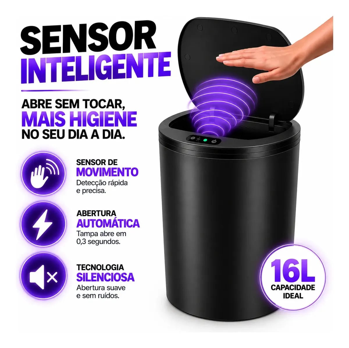 Lixeira Inteligente Automática Redonda Recarregável USB‐C Sensor para Cozinha Banheiro Escritório — Cozinha
