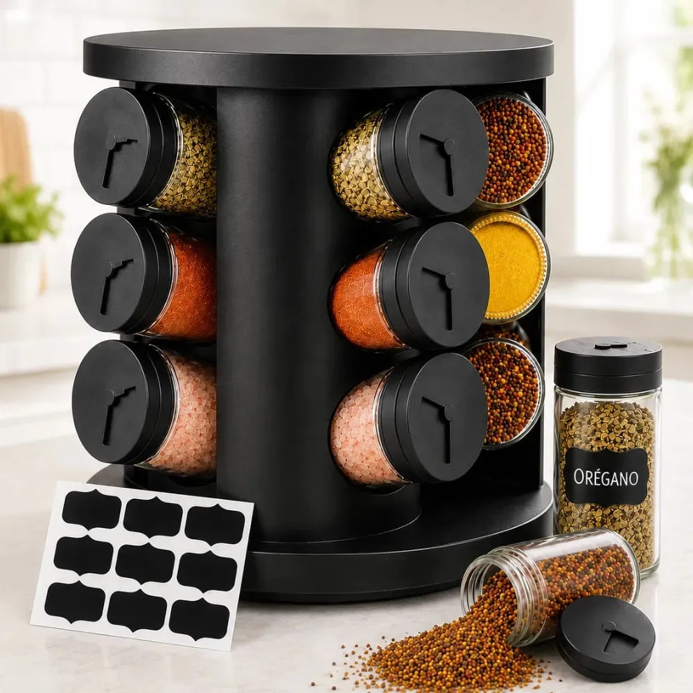 Porta Temperos Condimentos 9 Unidades Potes Vidro Base Giratória Preto Organizador Cozinha Dosador Sólar — Cozinha