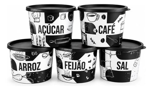 Kit Porta Mantimentos 5 Peças Redondo Com Decoração 1,5 Lt Preto — Cozinha