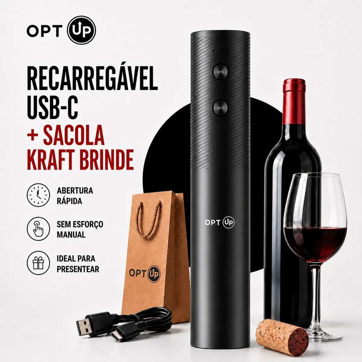 Abridor De Vinho Eletrico Automatico Recarregavel Usb-c Saca-rolhas Garrafa Portátil Presente Kit Vinho Optup — Cozinha