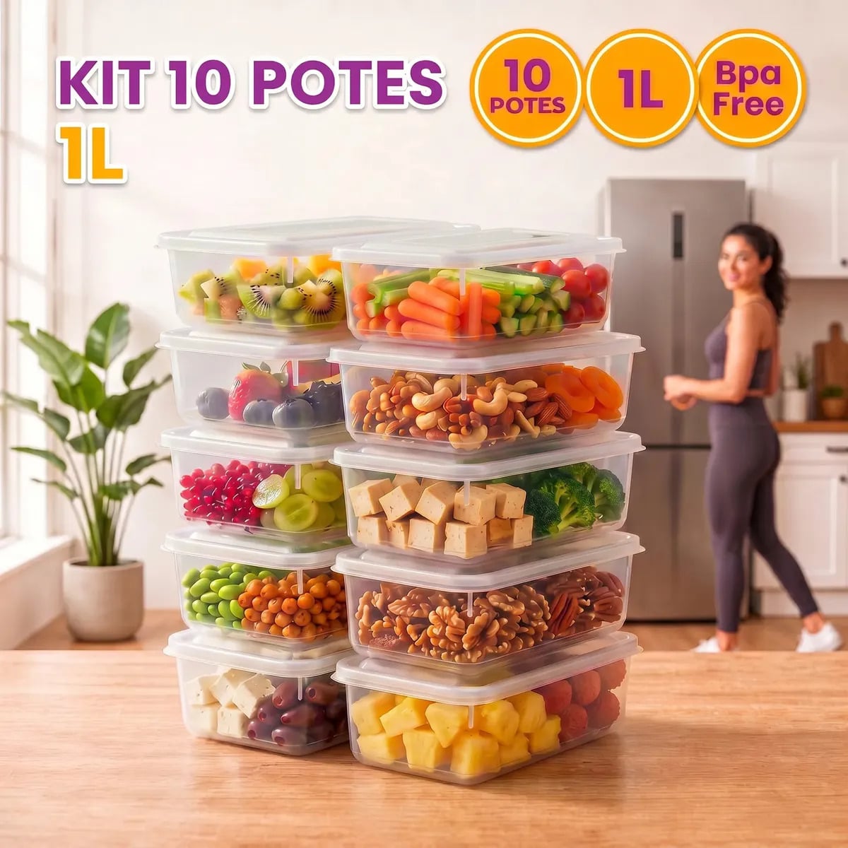 Kit 10 Potes 1 Litro Transparente Marmita Fitness Bpa Free Tampa Hermética Reutilizável Micro E Freezer Mantimentos ponte lar utilidades — Cozinha