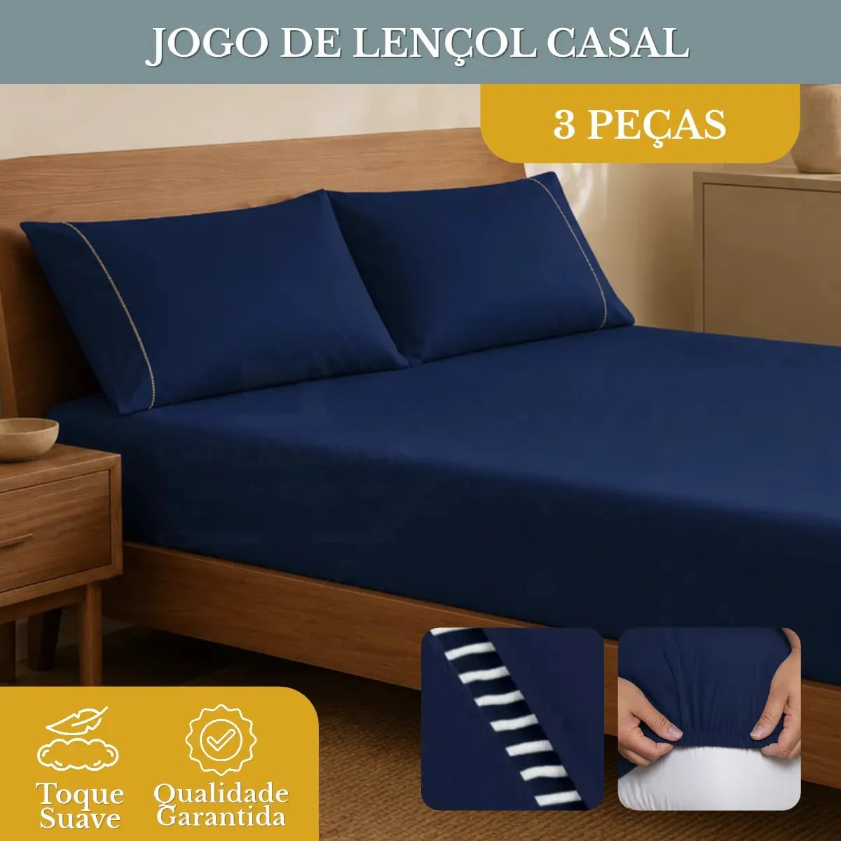 Jogo de Lençol Casal 3 Peças 400 Fios Micropercal Azul-marinho Elástico — Têxteis de Casa e Decoração