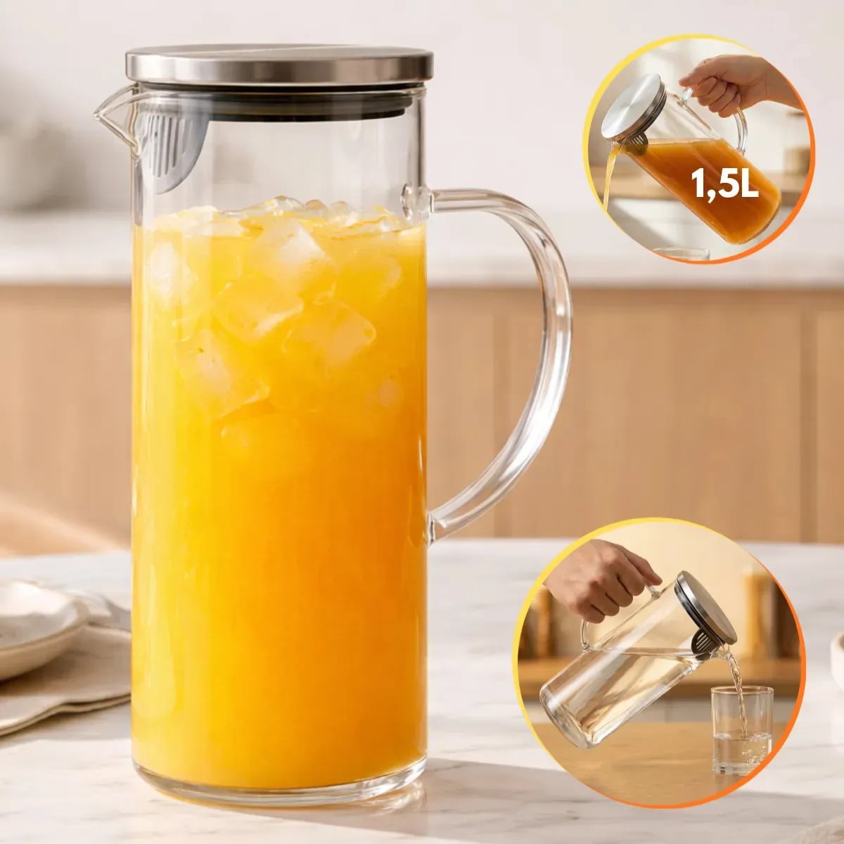 Jarra Vidro Borossilicato 1,5 Litros Tampa Inox Hermética Agua Suco Transparente — Cozinha