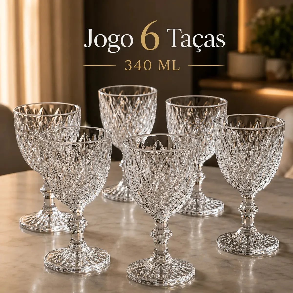 Jogo 6 Taças De Vidro Diamond 340 ml Com Pé Lapidadas Transparentes Textura Diamante Em Relevo Para Vinho Água Suco Espumante Champanhe Gin E Drinks Kit Conjunt — Cozinha