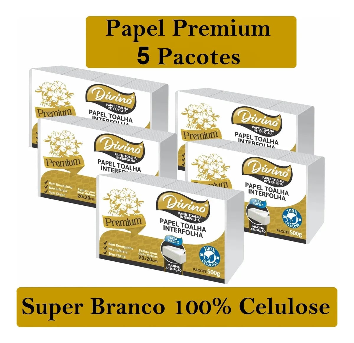Kit 5 Papel Toalha Interfolha Divino Premium Super Branco 100% Celulose 5 Pacotes Para Secar As Mãos Banheiro Interfolhado — Cuidado da Casa e Lavanderia