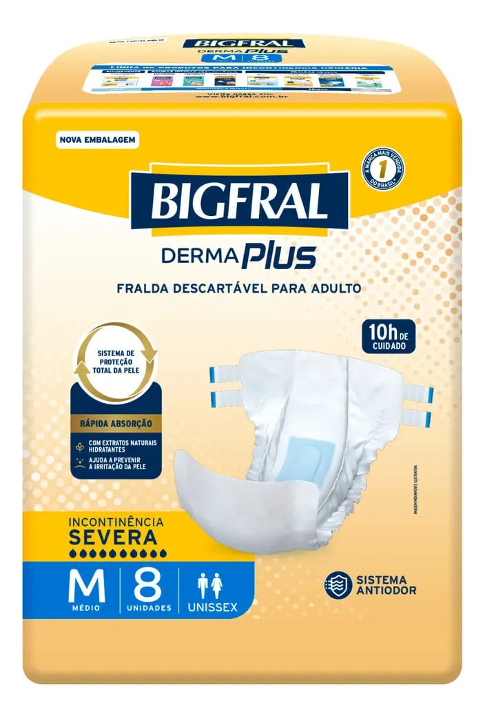 Fralda Bigfral Derma Plus M 8 Unidades Tamanho Médio — Cuidado da Saúde