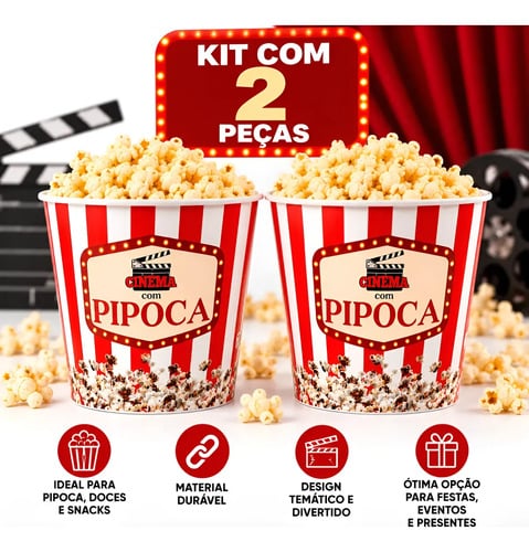 Kit 2 Baldes De Pipoca 3 Litros Pote Popcorn Cinema Filme Branco — Descartáveis para Festa