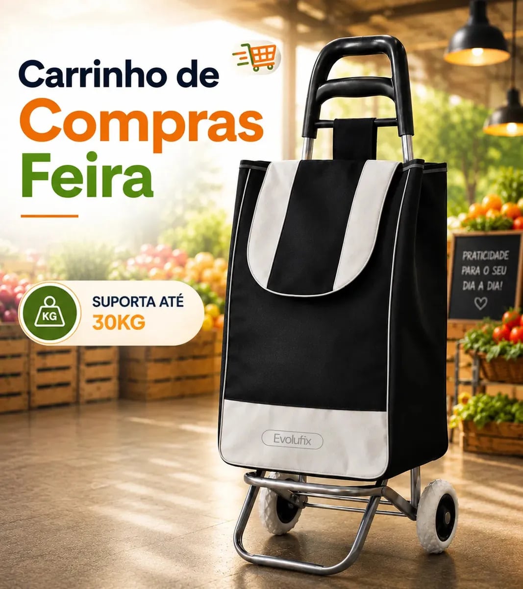 Carinho de Compras Feira Cesto Grande Dobrável Reforçado Resistente 30KG de Lona Multiuso Mercado com Rodas Portátil Preto Evolufix — Cozinha