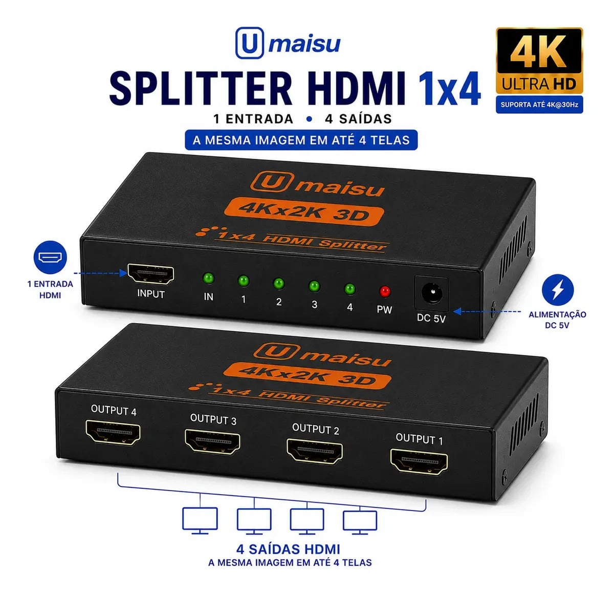Splitter Distribuidor Divisor Hdmi 4k 1x4 3840p Repetidor De Sinal Para Telas Monitores E Projetores - U Maisu — Acessórios para Áudio e Vídeo