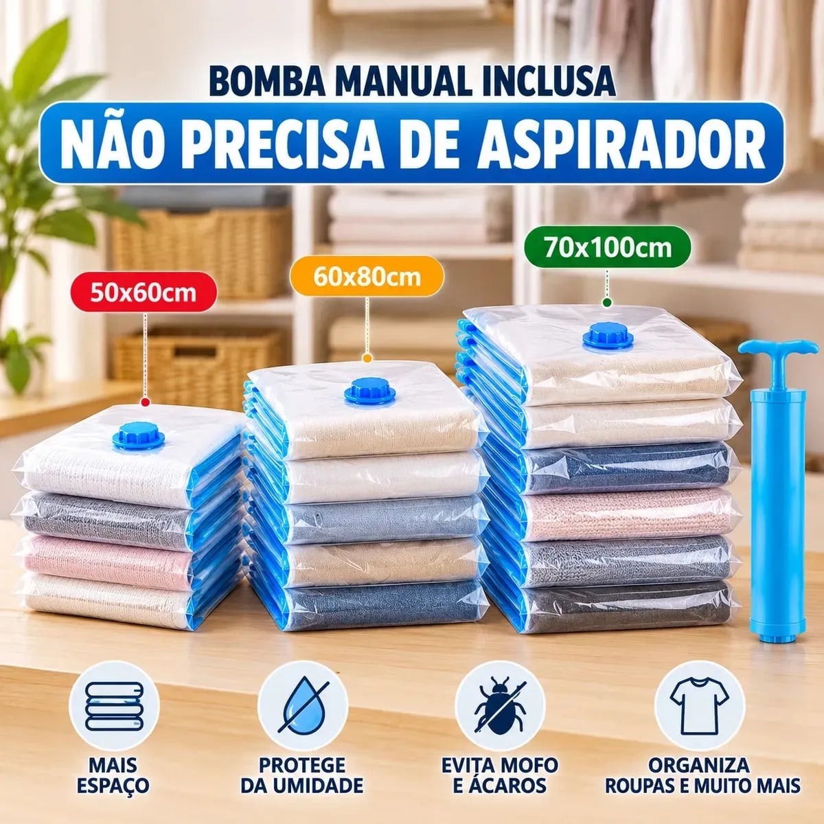 Kit 10 Sacos a Vácuo Organizador para Roupas Edredom Cobertor 3 Tamanhos + Bomba Manual Pítia — Organização para Casa