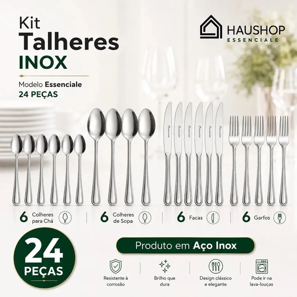 Faqueiro Inox 24 Peças Essenciale Haushop Jogo De Talheres Conjunto Mesa Posta Premium Resistente — Cozinha