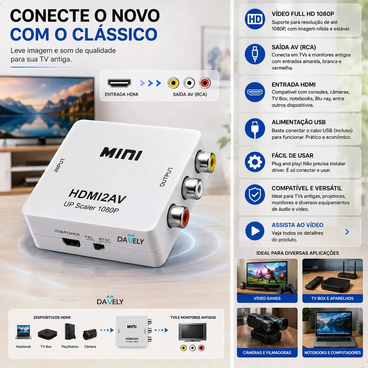 Mini Adaptador Hdmi Para Rca Conversor Full Hd Vídeo Hdmi P/ Vídeo Rca 2av - Conectar Seus Aparelhos Com Saída Hdmi Em Sua Tv - Converter Qualquer Sinal Hdmi - — Acessórios para Áudio e Vídeo