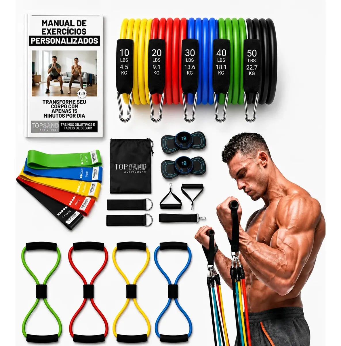 Kit 20 Itens Esportivos Para Treino Em Casa Academia Fitness Funcional Com Elásticos Extensor Puxadores Massageador Faixas Elásticas Mini Band P/ Exercícios Gin — Fitness e Musculação