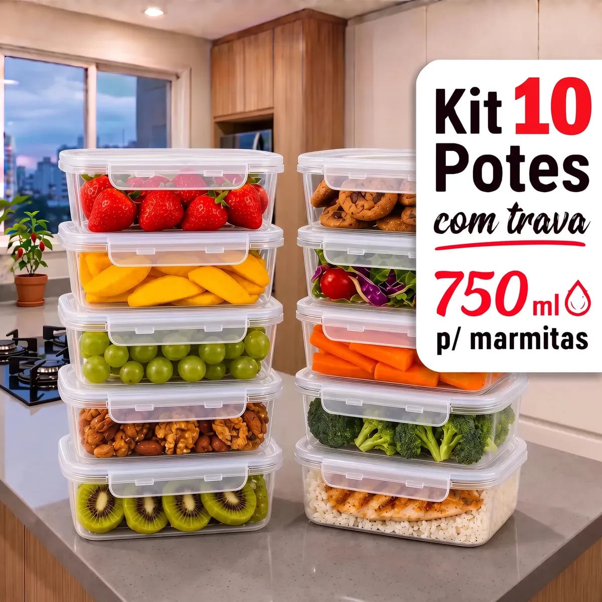 Kit 10 Potes 750ml Com Tampa Trava Plástico Transparente Para Mantimentos E Alimentos Marmita Organizador De Cozinha Geladeira E Freezer Jogo De Potes Para Orga — Cozinha