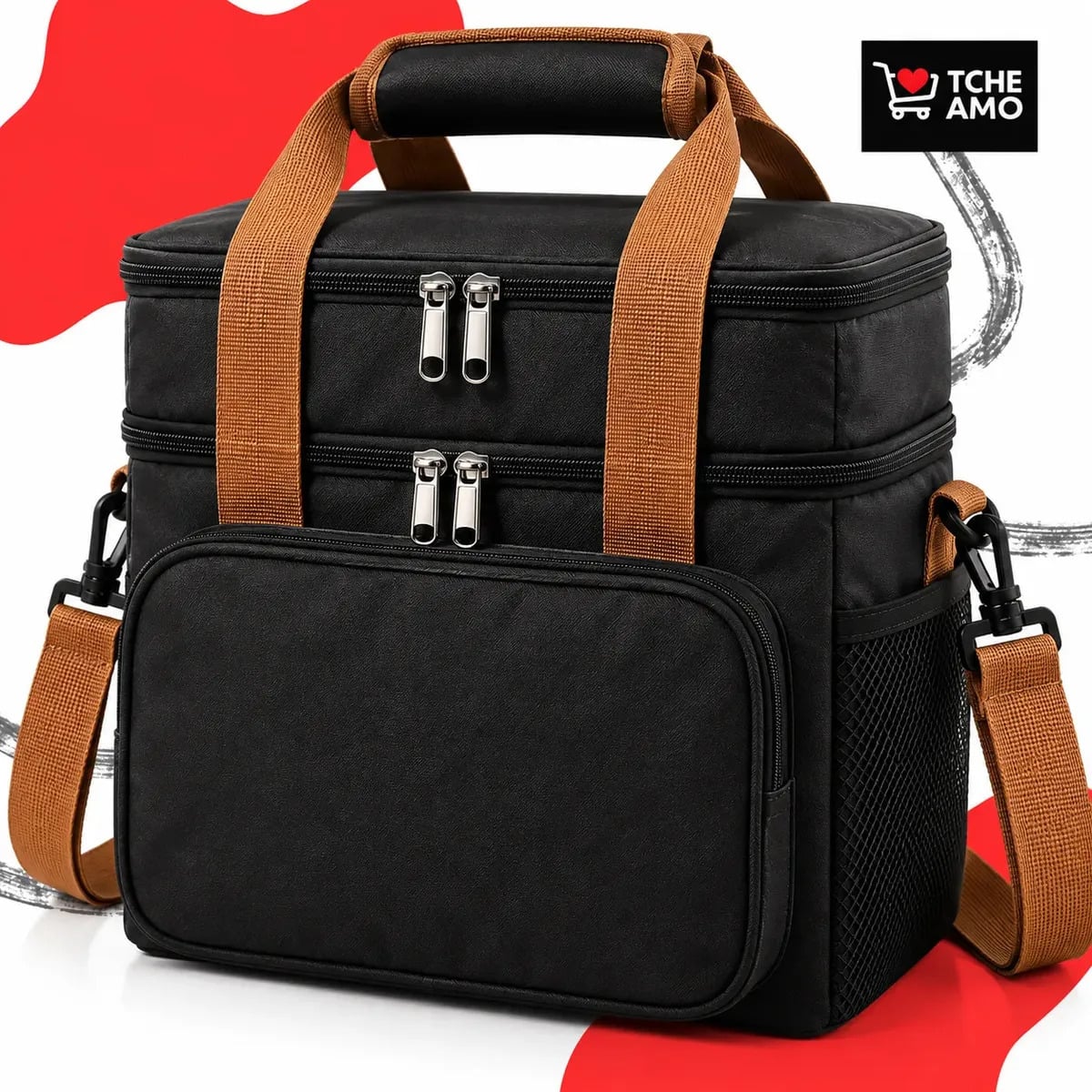 Bolsa Térmica Marmita Lancheira Alça Transversal Ajustável Removível 2 Compartimentos Organiza Conserva Seus Alimentos Quente ou Frio Cor Preto Tche Amo — Camping, Caça e Pesca