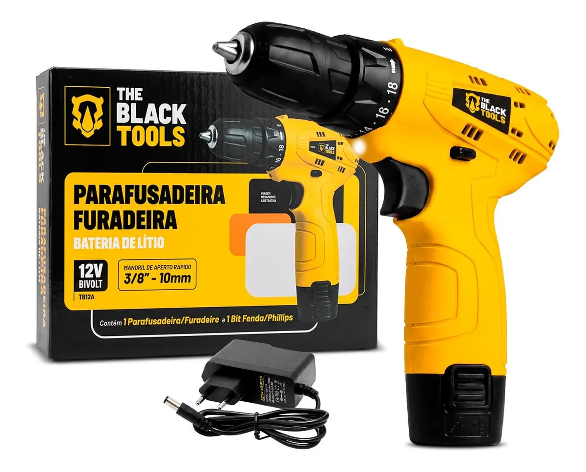 Parafusadeira Furadeira The Black Tools TB12A 3/8 a Bateria Cor Amarelo Frequência 60Hz — Ferramentas Elétricas
