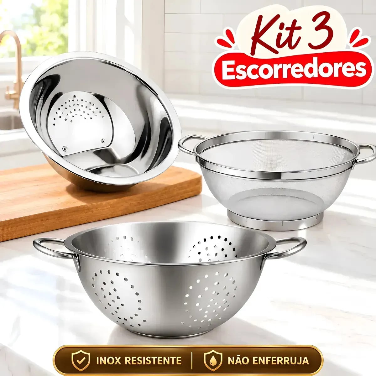 Kit 3 Peças Escorredor De Arroz Em Inox + Escorredor De Macarrão Inox Grande + Escorredor De Alimentos Mariazinha — Utensílios úteis