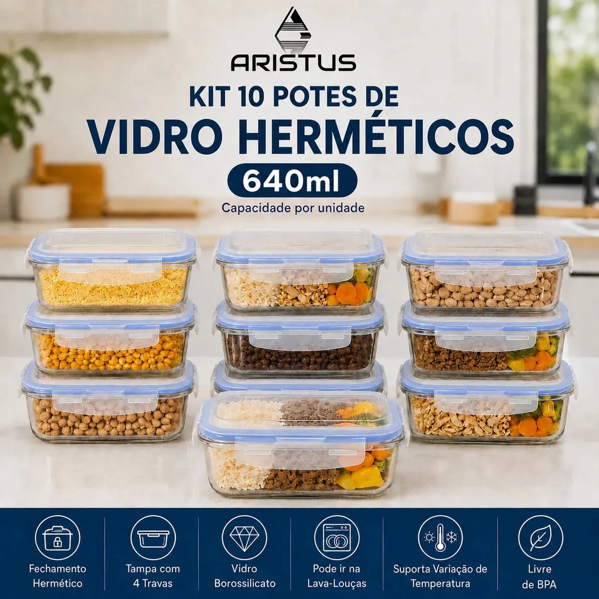 Kit 10 Potes Vidro Hermético Aristus 640ml Marmita Anti Vazamento Forno Micro-ondas Freezer Tampa 4 Travas - Azul — Utensílios úteis