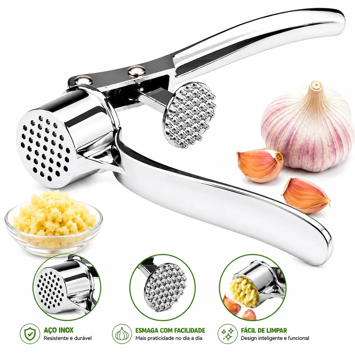 Espremedor de Alho EDREX em Aço Inox Profissional, Manual e Fácil de Limpar — Utensílios úteis