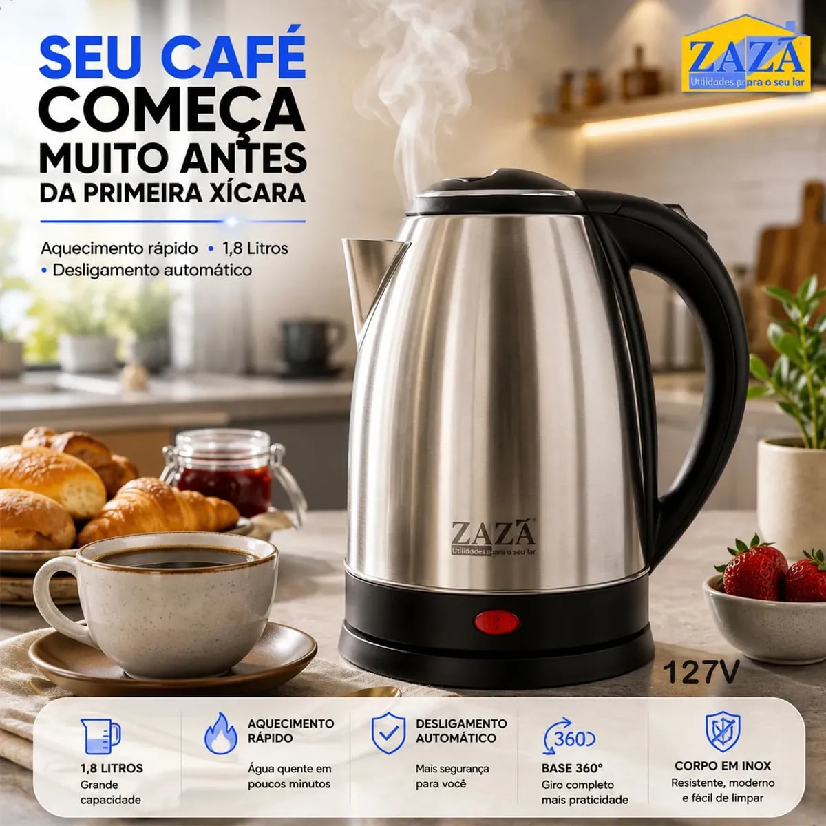 Chaleira Jarra Elétrica 1,8L Litros Em Inox Desligamento Automático Aquecimento Rápido Segura Café Chá Fácil Abertura Tampa Alça Ergométrica — Pequenos Eletrodomésticos