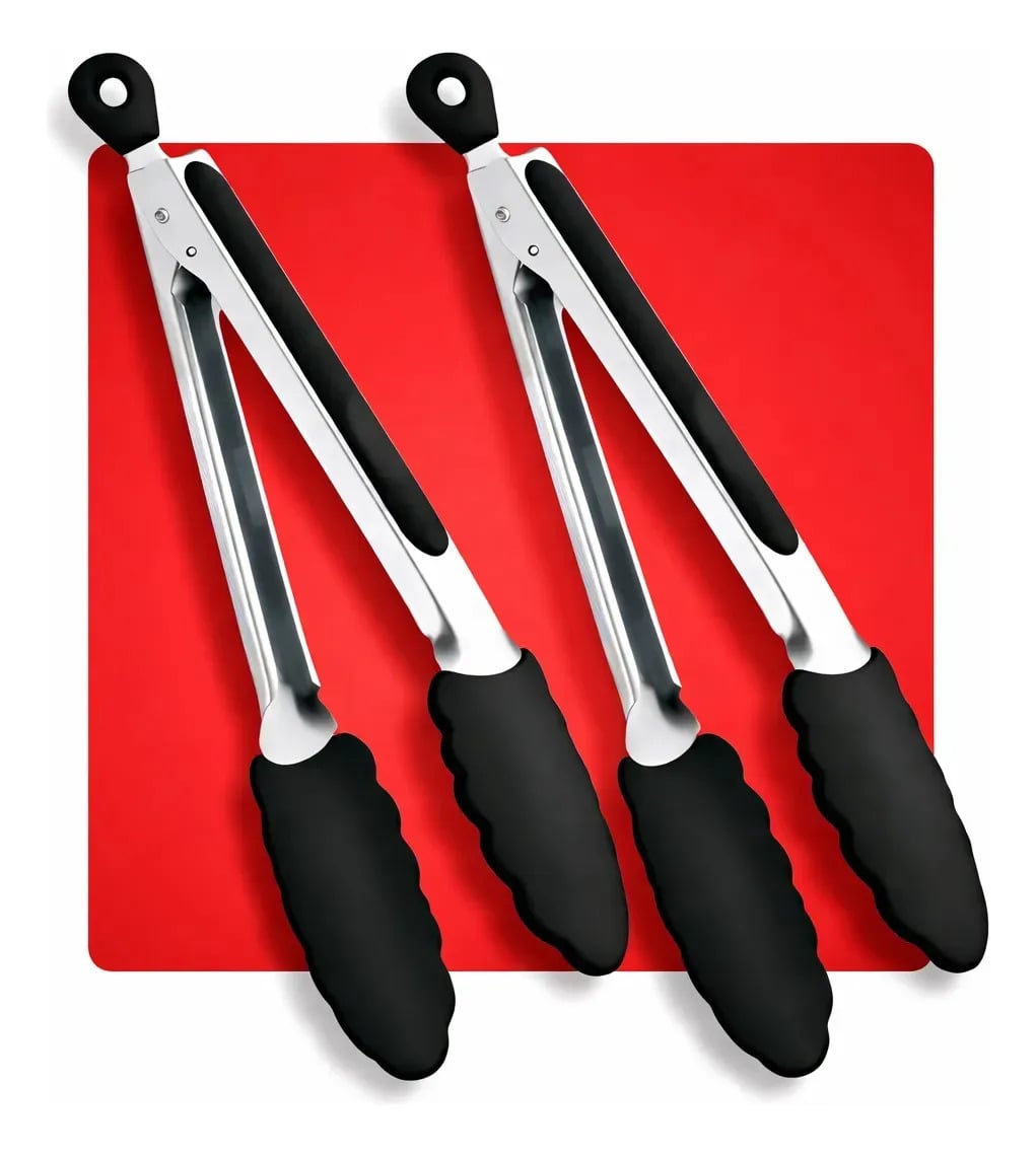 Kit com 2 Pegador Silicone 27cm Inox Antiderrapante Premium Pinça Cozinha Para Churrasco, Air Fryer, Salada, Carne, Grelhados, Frituras E Alimentos — Utensílios úteis
