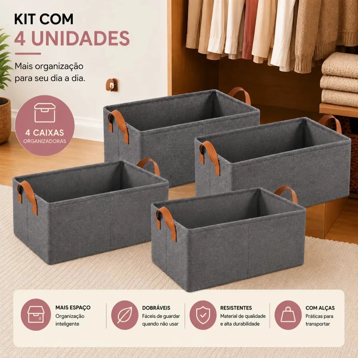Kit 4 Caixas Organizadora para Guarda Roupa e Gavetas Cesto Organizador Multiuso de Roupas Íntimas e Camisas — Organização para Casa