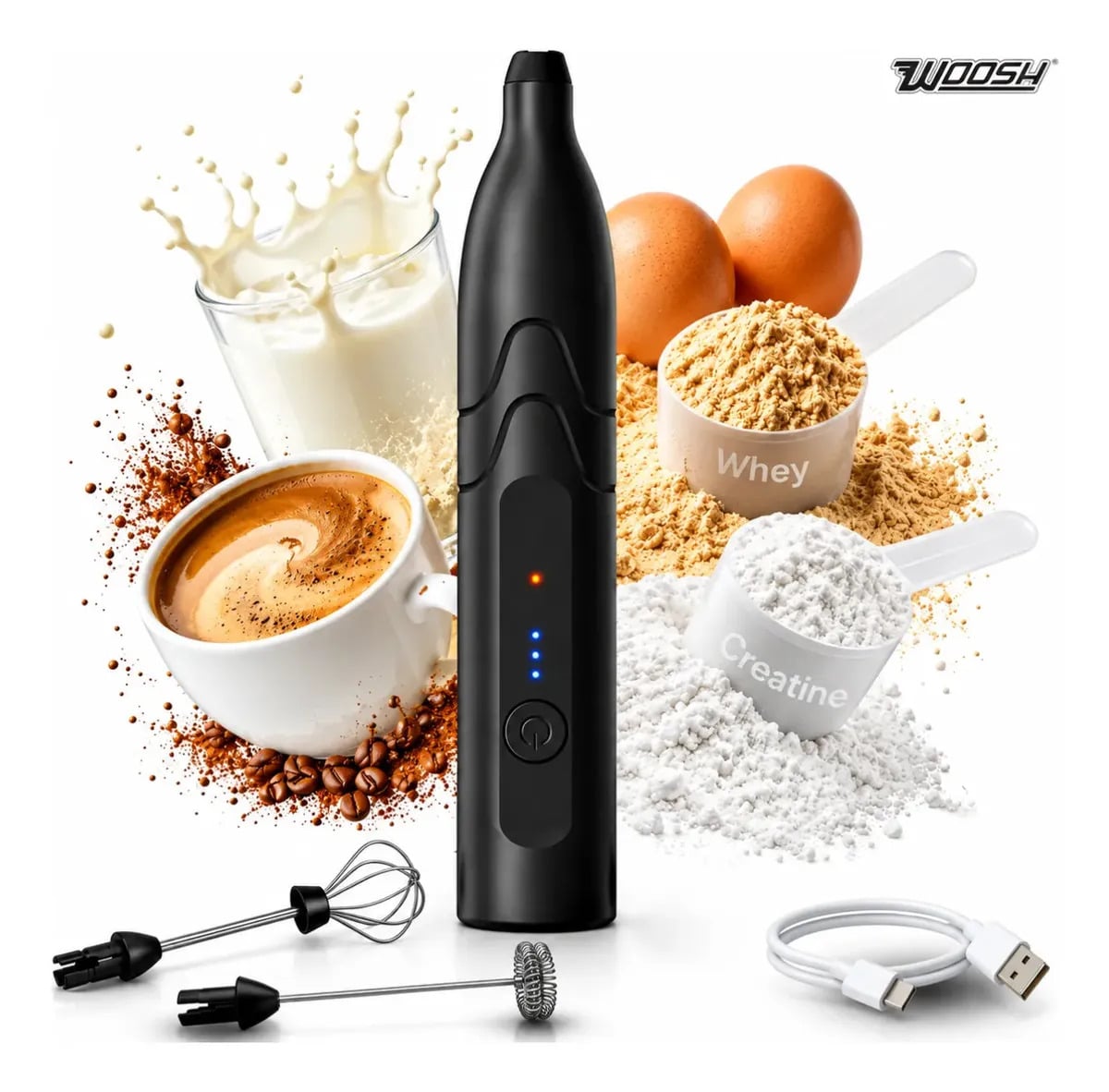 Mixer Elétrico Portátil 2 em 1 Recarregável Potente Misturador de Bebidas e Ovos 3 Velocidades Usb Batedor e Fue Fouet Woosh — Pequenos Eletrodomésticos